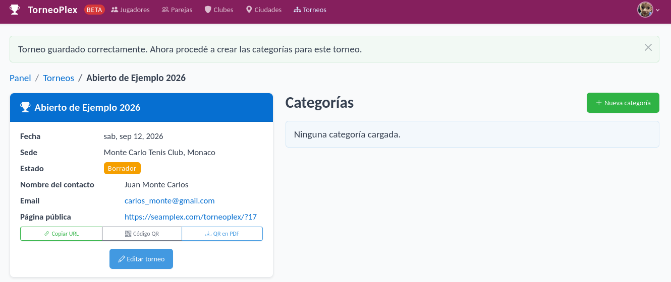 Vista de torneo con listado de categorías